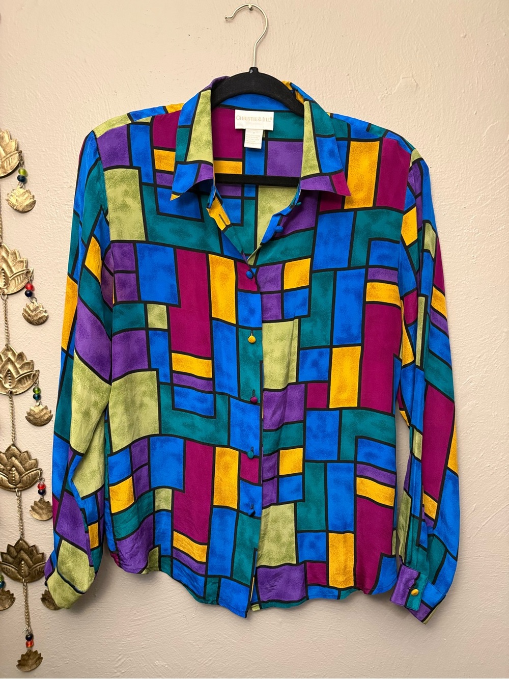 Christie & Jill Vintage 100% Silk Jewel Tone Geometric Colorblock Blouse Size 12